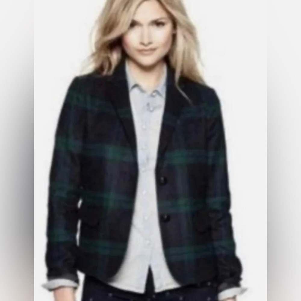 Gap Wool Blend Green Navy Tartan Plaid Academy 2 Button Blazer Jacket Size 8